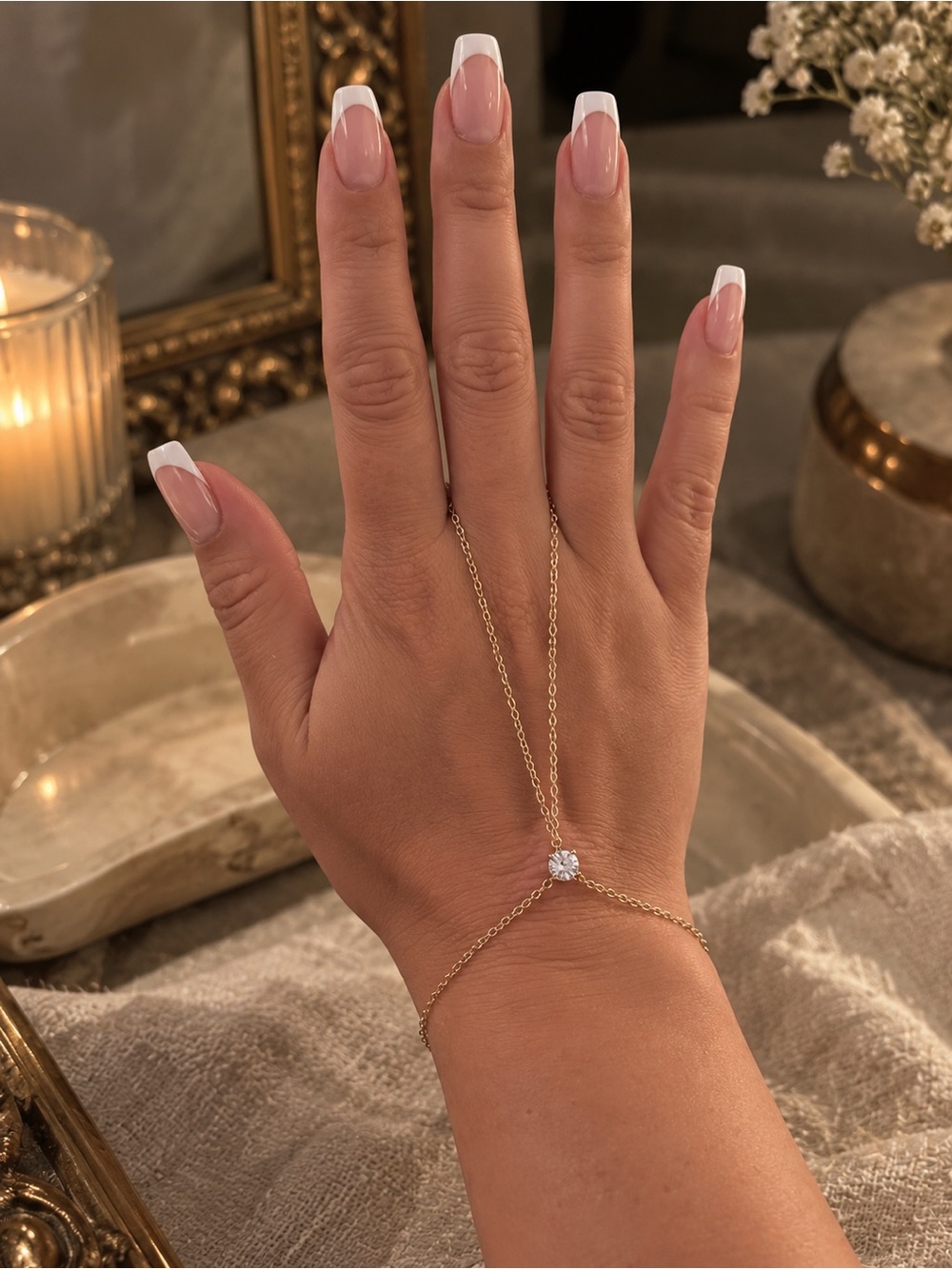 Gold Hand Chain Bracelet with Clear Stone Accent - Women Jewelry